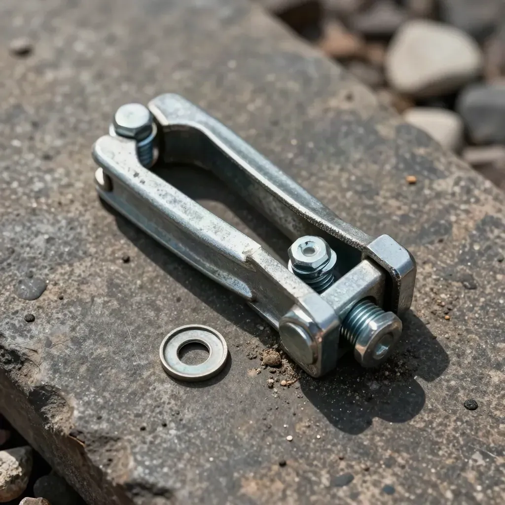 Macro of a rail clamp, bolts and spacer on stone with drifting dust and sharp shadows.
