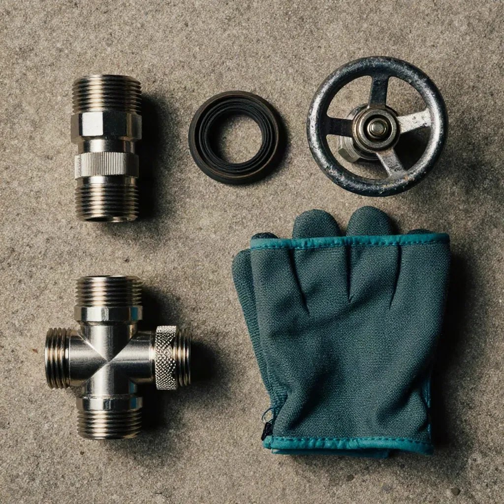 Pipe fitting parts, gasket, valve wheel and glove cuff on dusty concrete.
