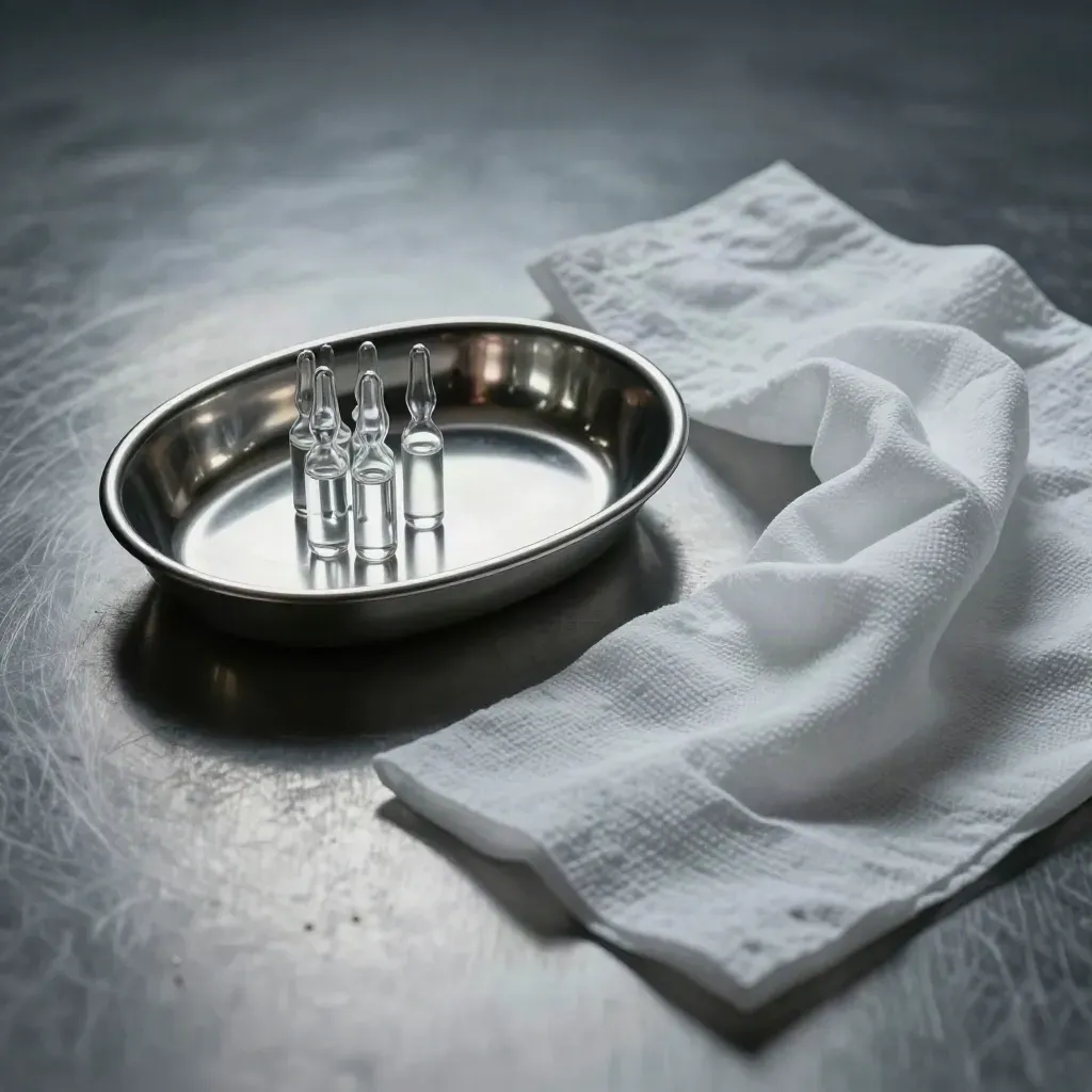 Medical still life with kidney dish, ampoules, and sterile drape on brushed metal