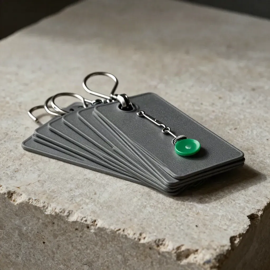 Overhead close-up of retail anti-theft tags, metal hooks, and a security pin on pale stone.