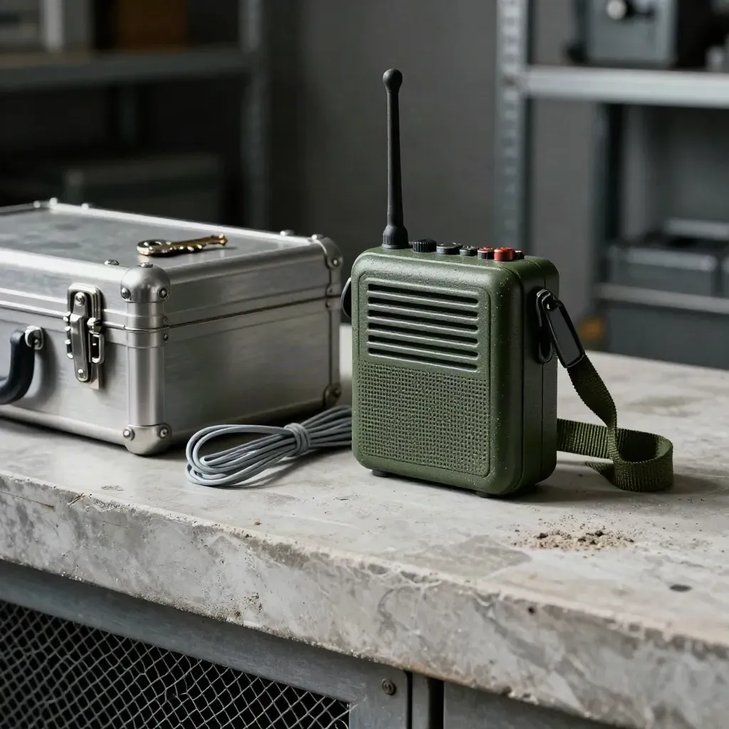 Handheld radio beside cable ties and a metal latch on plaster, shot through mesh
