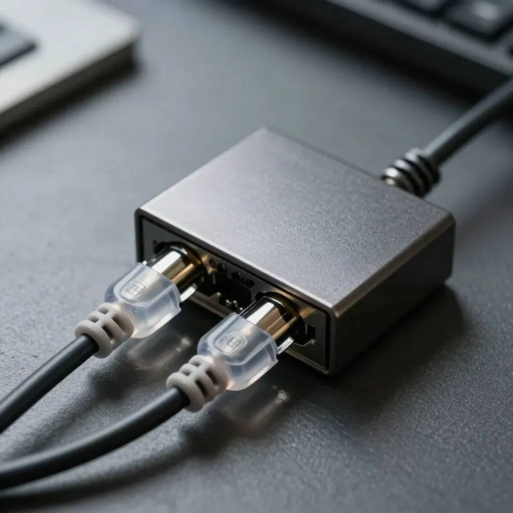 Macro of a network tap and two Ethernet patch leads on brushed graphite.