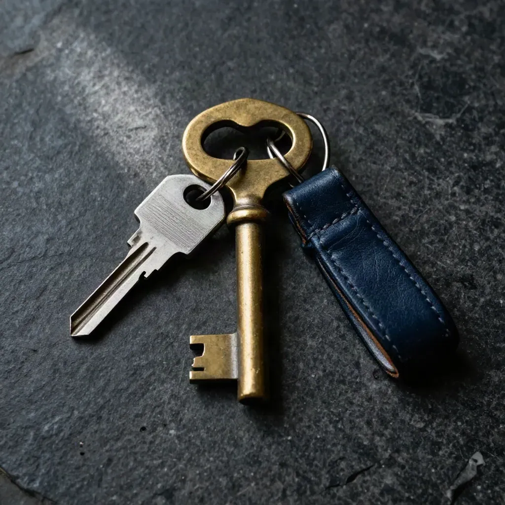 Macro still life of a brass vault key, steel seal, and navy leather key fob on dark stone.