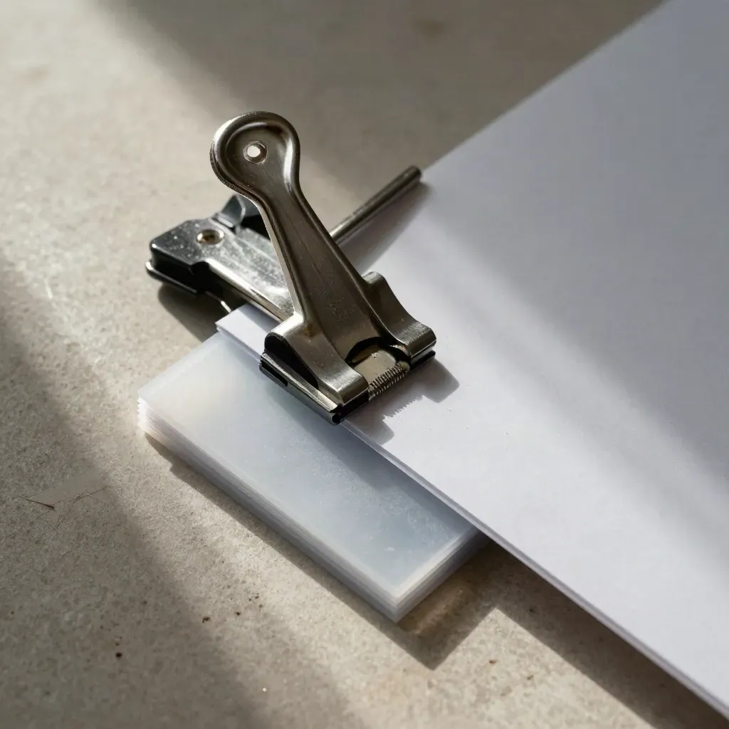 Archive clamp closing over acetate sleeves and a folder spine on a stone surface.