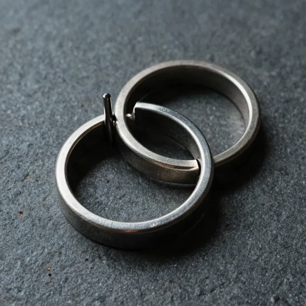 Three linked metal rings and a stepped steel marker on stone, lit from upper left.