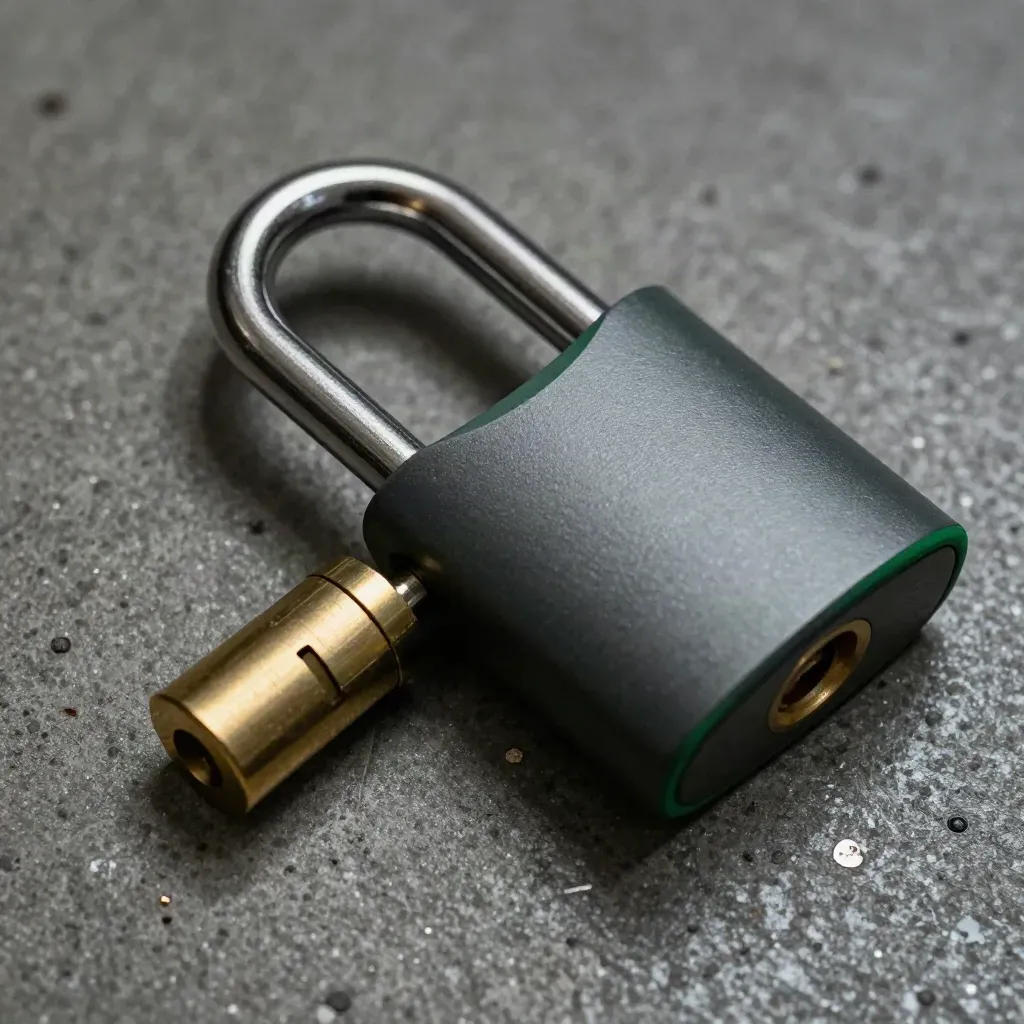 Machined padlock, blank access fob and brass cylinder on dark concrete with green accent