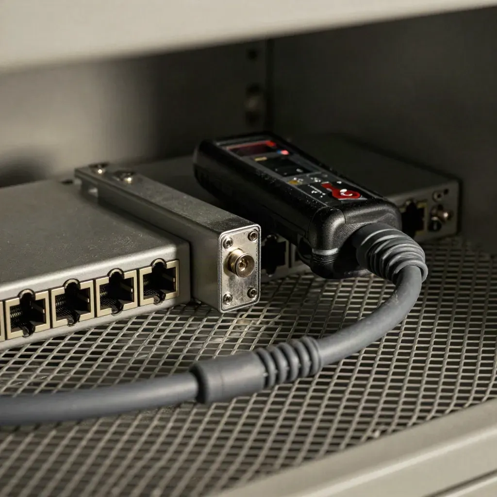 Patch-panel edge, cable tester, and looped network lead seen through rack mesh