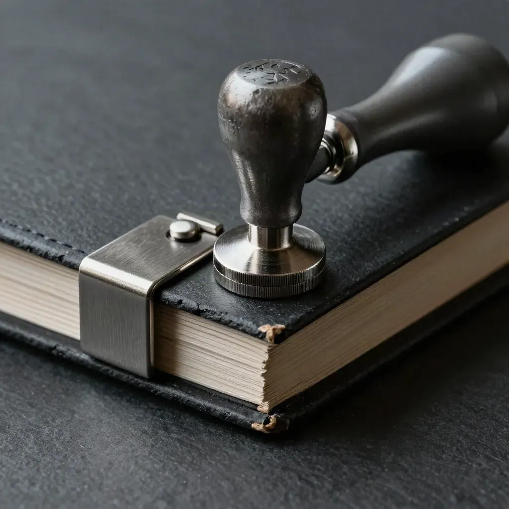 Audit seal, record spine, and metal tab on brushed steel in dramatic side light.