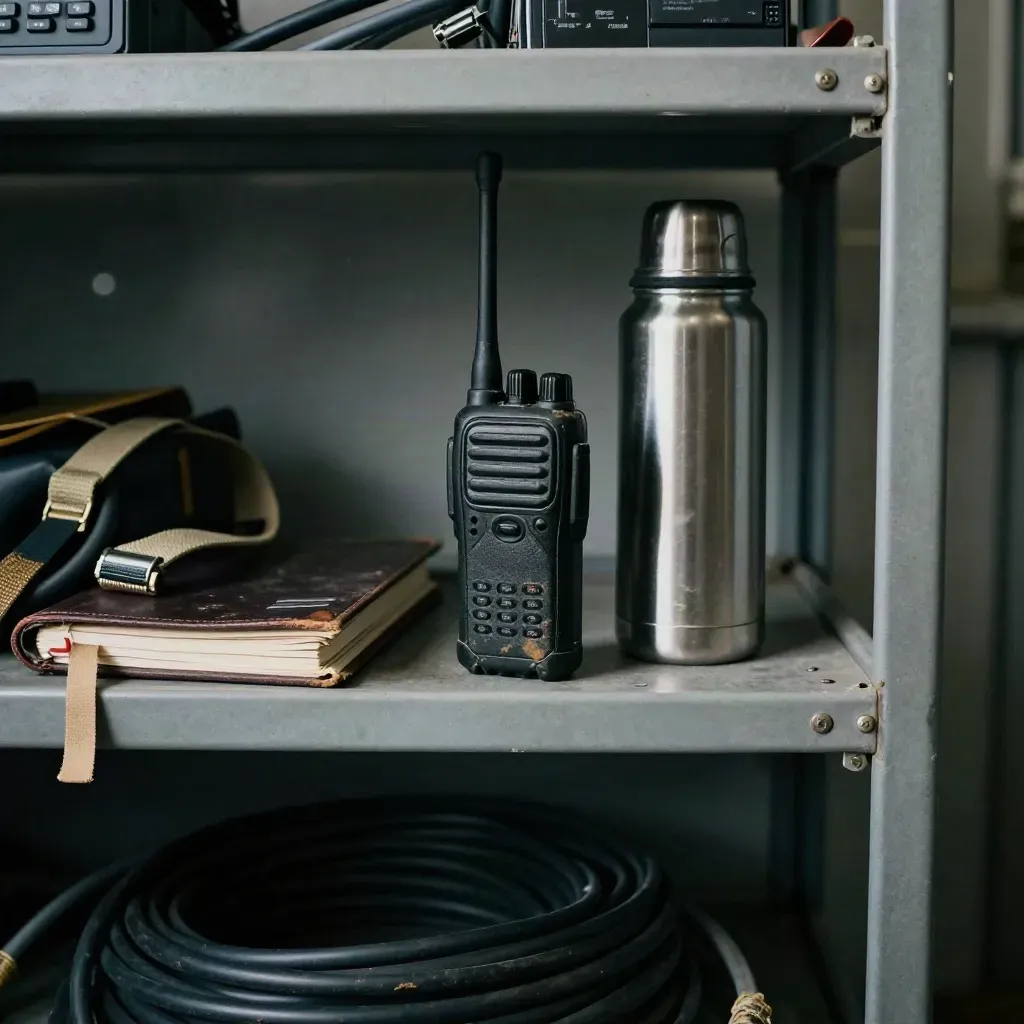 Radio, logbook and thermos on a utility cart shelf in a dim ops corridor