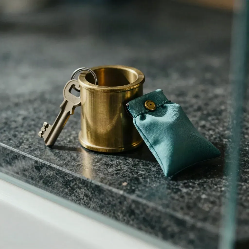Brass lock cylinder with key ring and tamper-evident pouch on dark stone, seen through frosted glass.