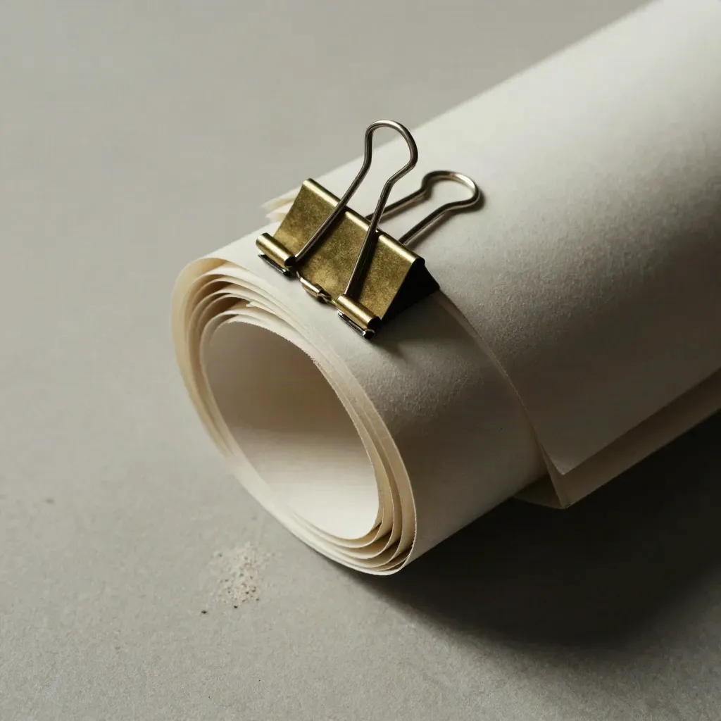 Macro of export sleeve, binder clips and tabs on pale plaster under raking light.