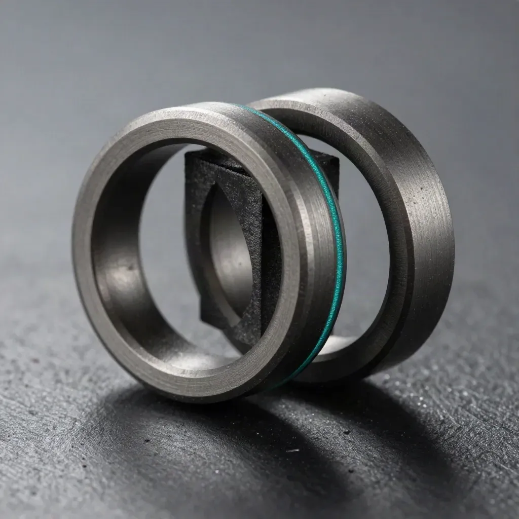 Interlocking graphite rings with a connector bridge on brushed metal, shot in close macro.