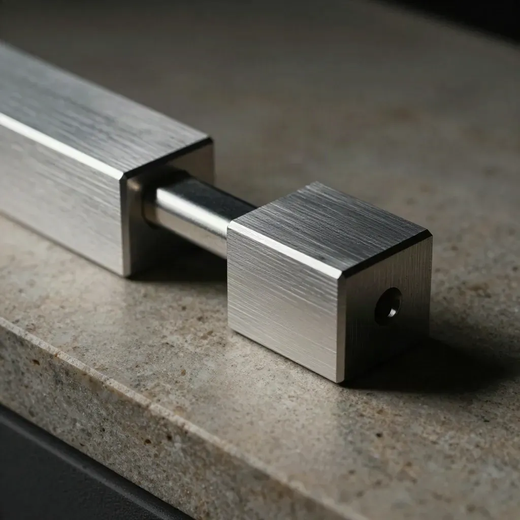Precision metal blocks and a linked steel bracket on brushed stone, low dramatic close-up.