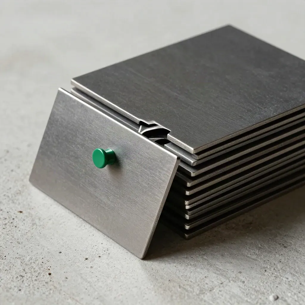 Matte metal tiles and a green connector pin on pale concrete under hard side light.