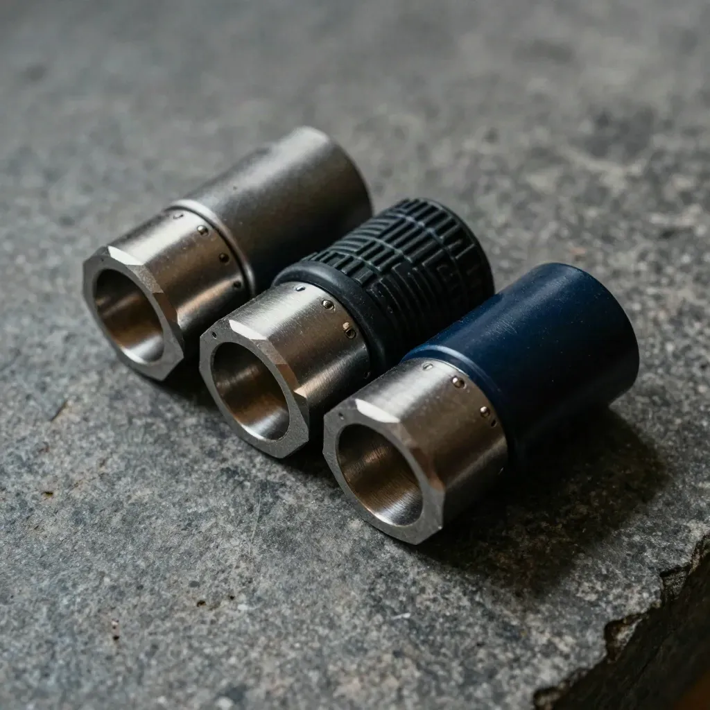 Top-down cluster of connector sleeves, linked rings and a rubber isolator on brushed stone.