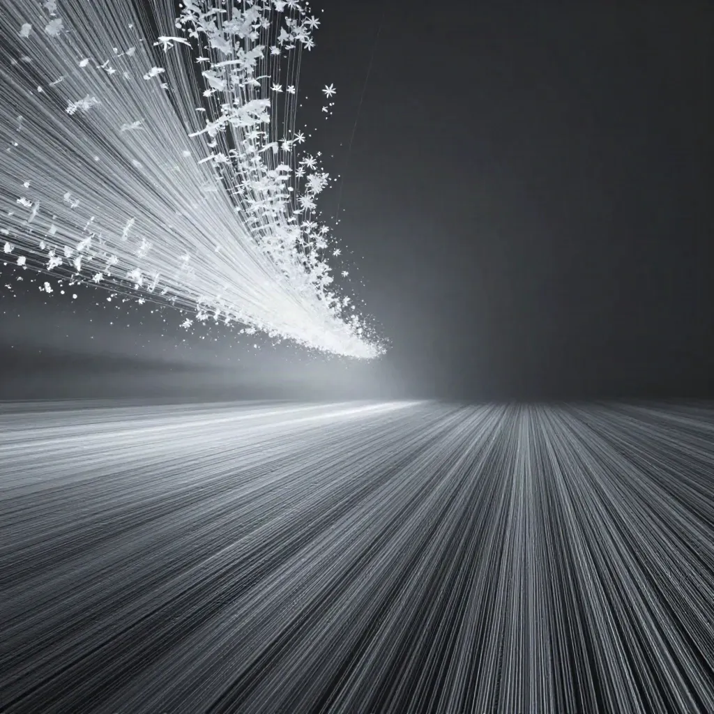 Silver light filaments bloom in a dark void with calm copy space